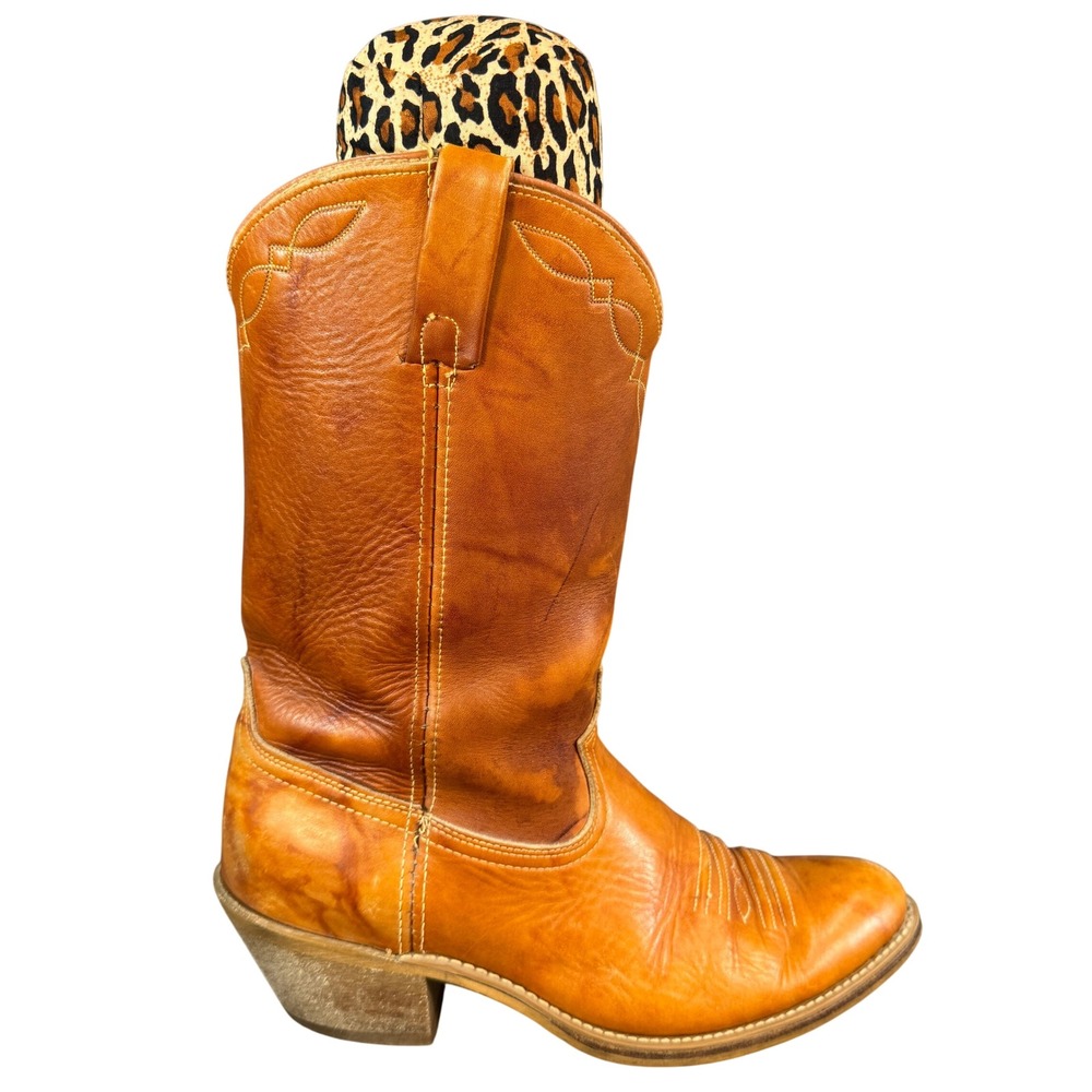 Acme Vintage Tan Leather Western Cowboy Boots Leopard Print Lining Mens 11 D